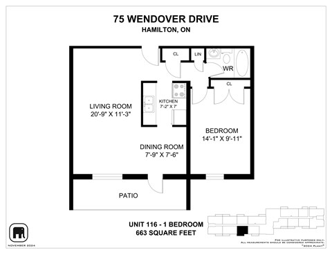 A floor plan for a unit at 75 Wendover Drive in Hamilton, ON.
